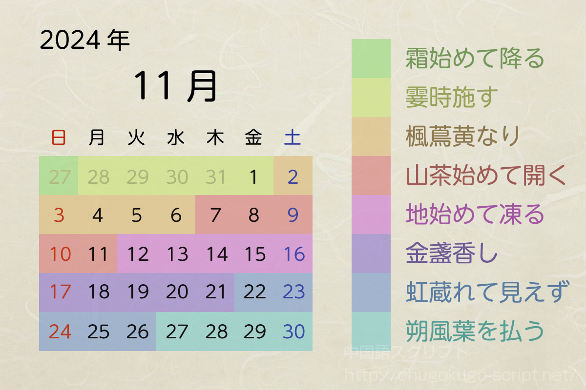 七十二候のカレンダー-2024年11月